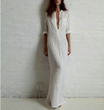 Elegant Cotton-Linen V-Neck Dress