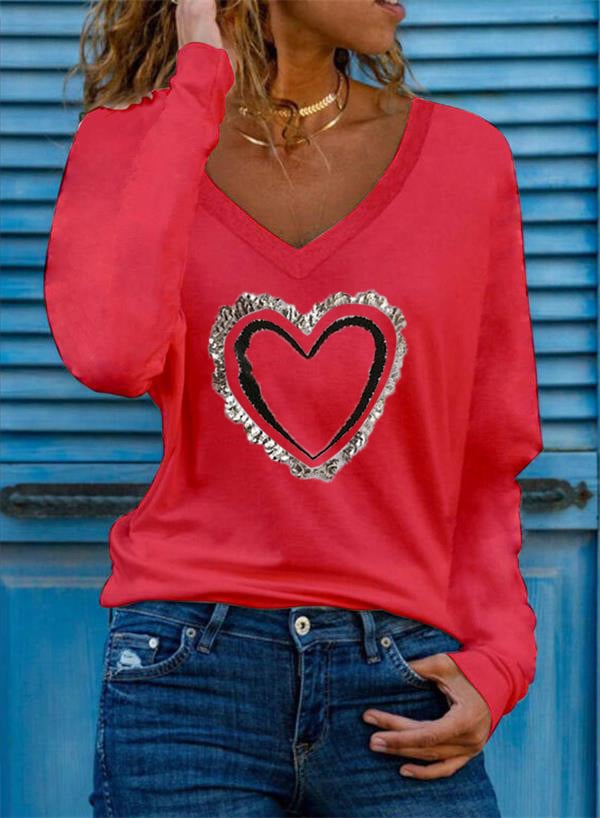 Elegant Heart Print V-Neck T-Shirt
