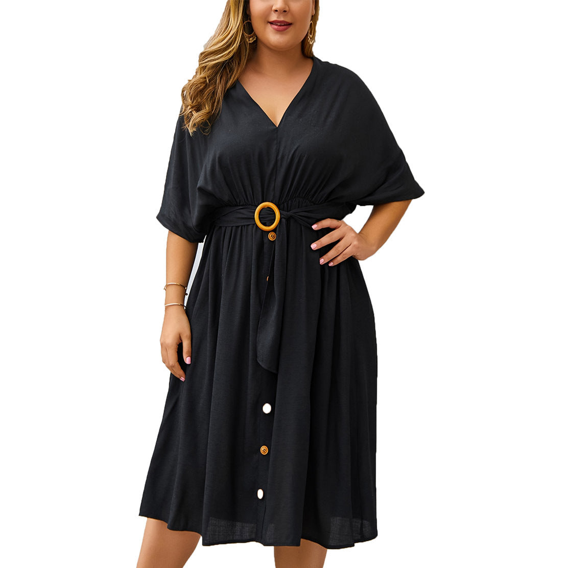 Stylish V-Neck Batwing Midi with Belt
