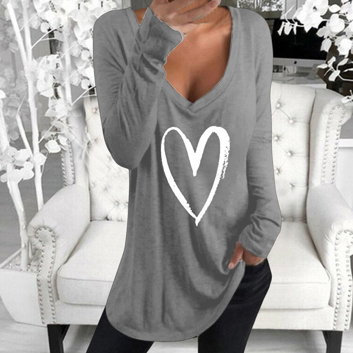 Chic Heart V-Neck Long Sleeve Tee