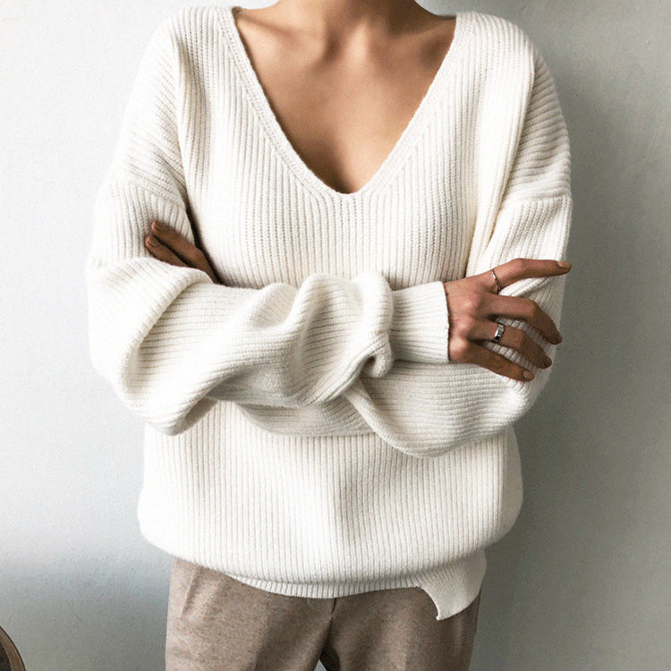 V-Neck Solid Color Knit Sweater