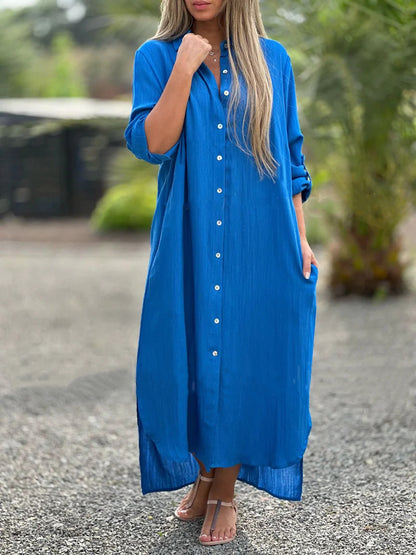 Elegant Cotton-Linen V-Neck Dress
