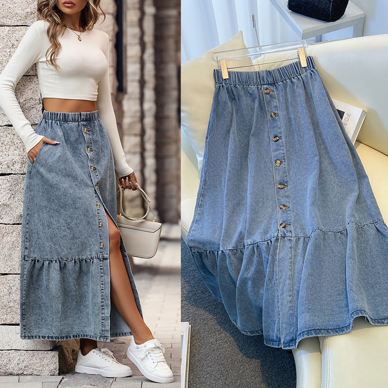 High Waist Mid-Length Denim Skirt