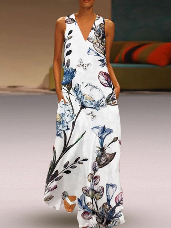 Floral Print V-Neck Sleeveless Dress