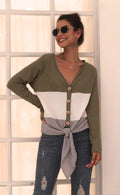 Three-Color V-Neck Button Knit Top