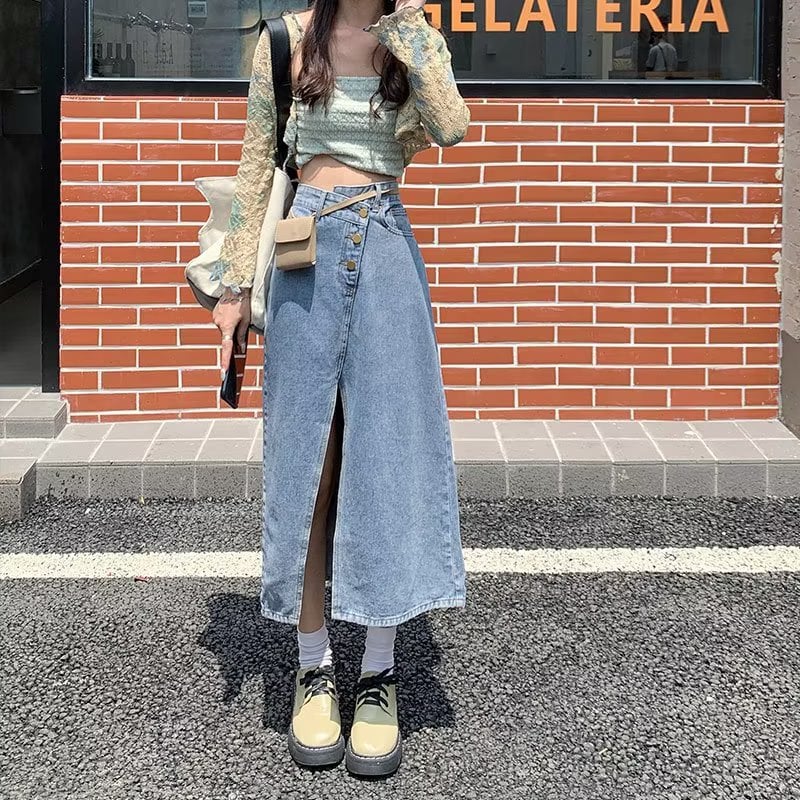 Classic High-Rise Denim Midi Skirt