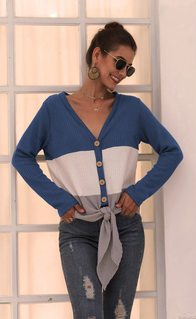 Three-Color V-Neck Button Knit Top