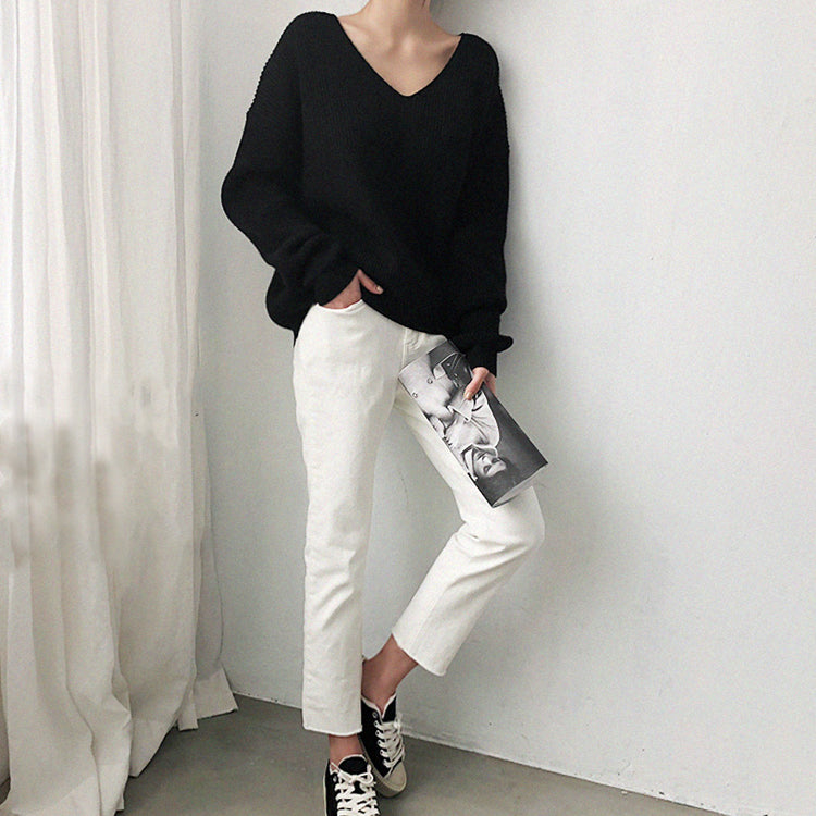 V-Neck Solid Color Knit Sweater