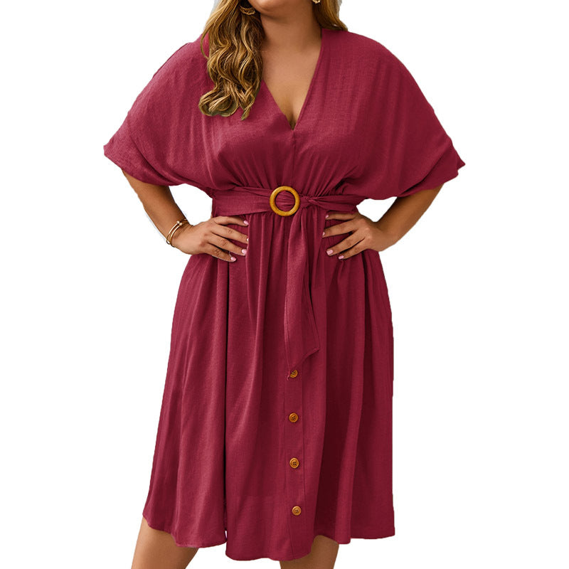 Stylish V-Neck Batwing Midi with Belt