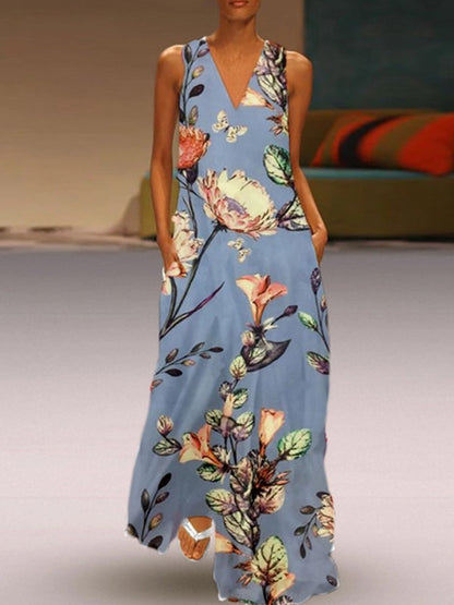 Floral Print V-Neck Sleeveless Dress