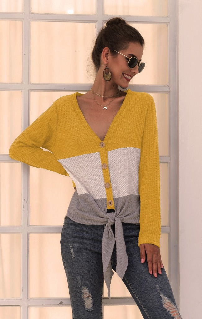 Three-Color V-Neck Button Knit Top