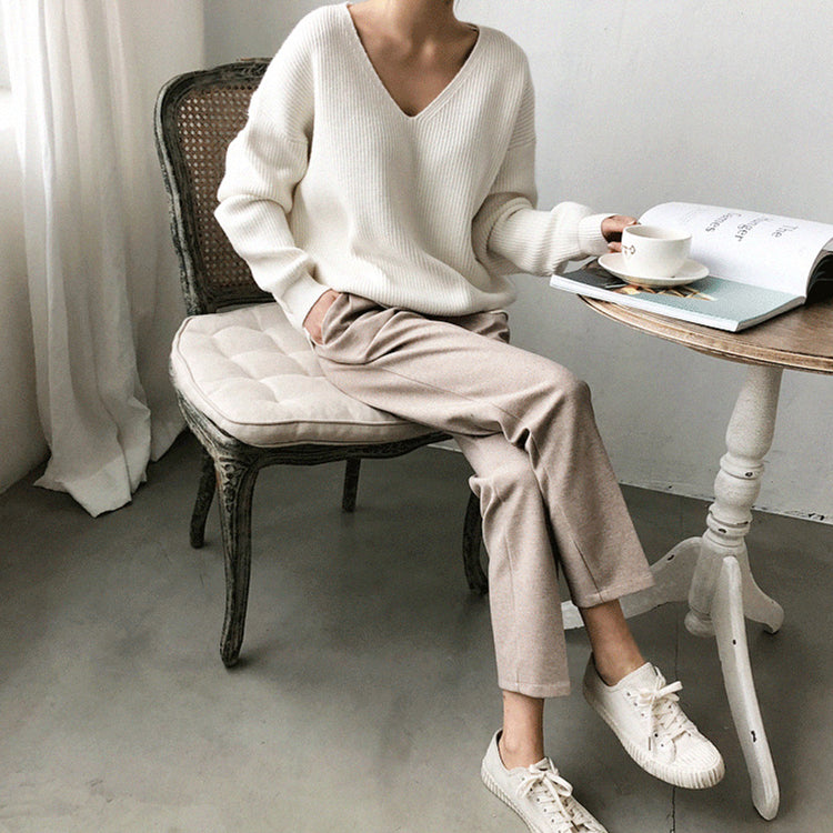 V-Neck Solid Color Knit Sweater