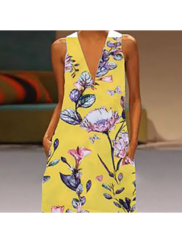 Floral Print V-Neck Sleeveless Dress