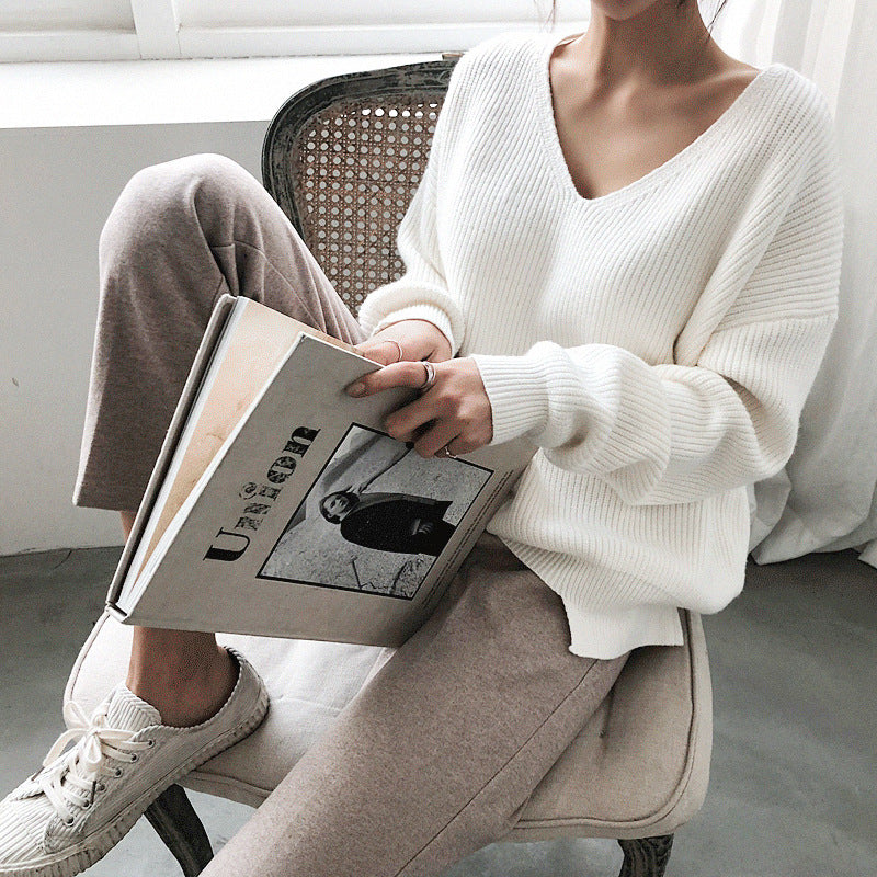 V-Neck Solid Color Knit Sweater