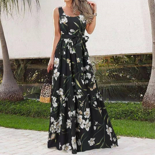 Sleeveless U-Neck Floral Dress for Women