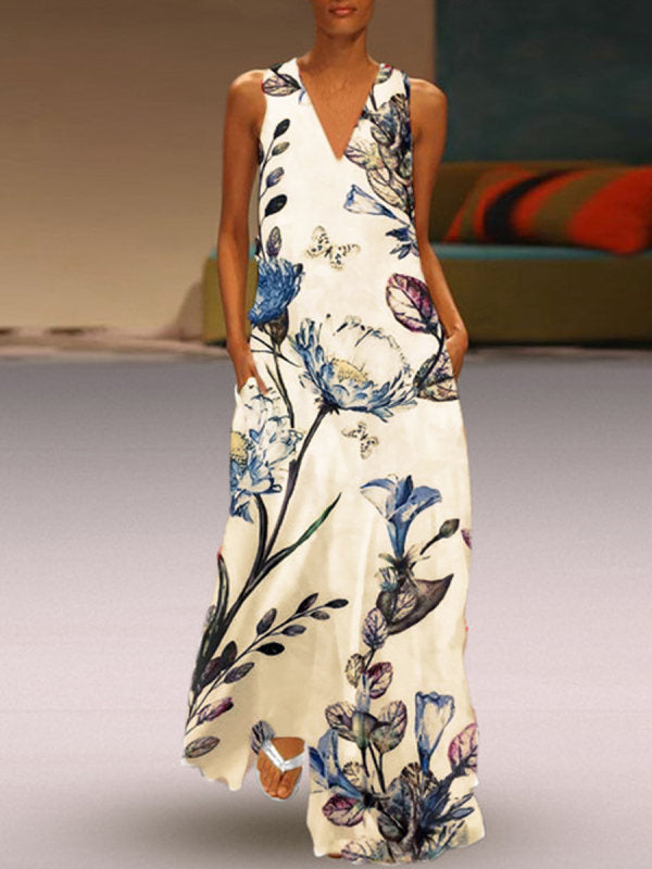 Floral Print V-Neck Sleeveless Dress