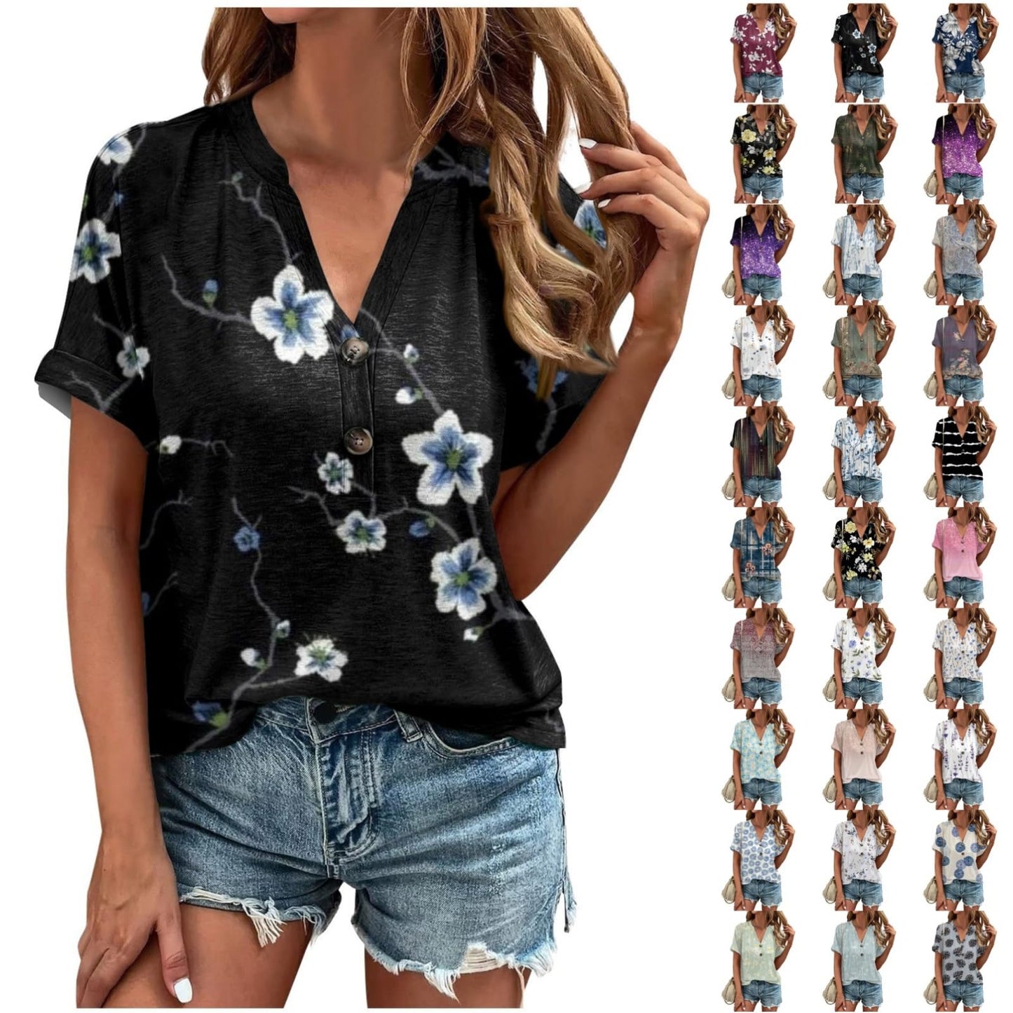 Cute Loose Fit Summer Floral V-Neck Top