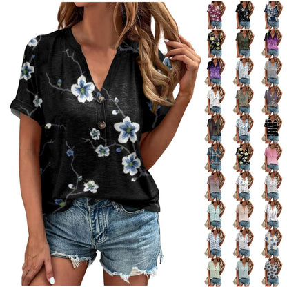 Cute Loose Fit Summer Floral V-Neck Top