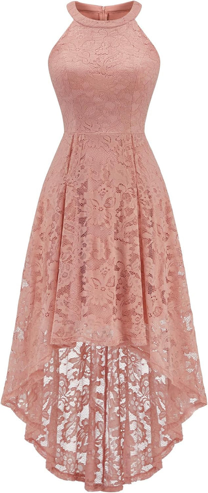 Women Halter Lace Wedding Guest Dress Hi-Lo Cocktail Party Bridesmaid Formal Dresses