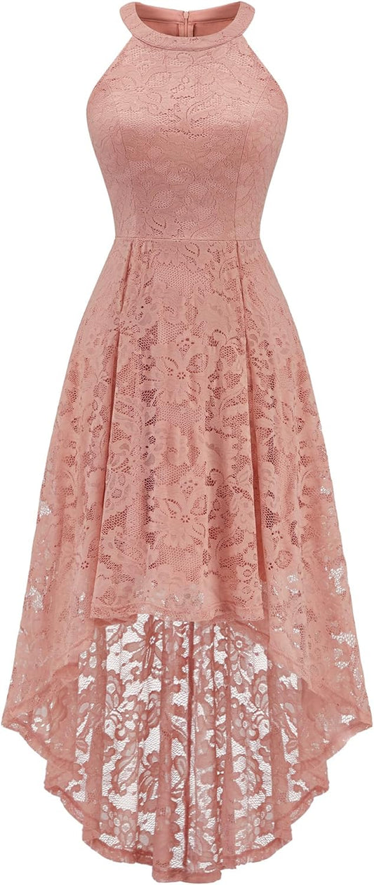 Women Halter Lace Wedding Guest Dress Hi-Lo Cocktail Party Bridesmaid Formal Dresses