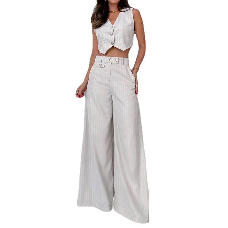 Modern V-Neck Striped High-Waisted Wide-Leg Pants Set
