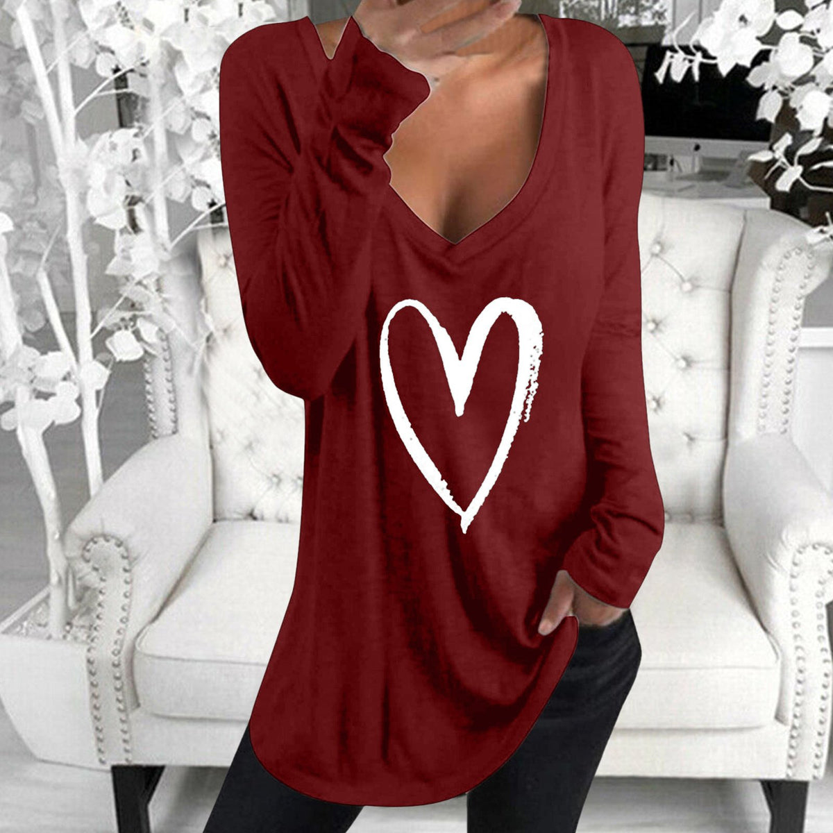 Chic Heart V-Neck Long Sleeve Tee
