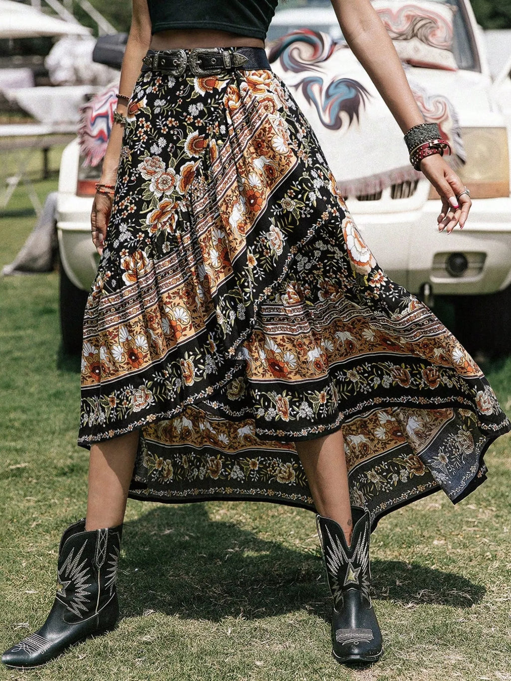 Plus Size Boho Floral Print High-Low Skirt