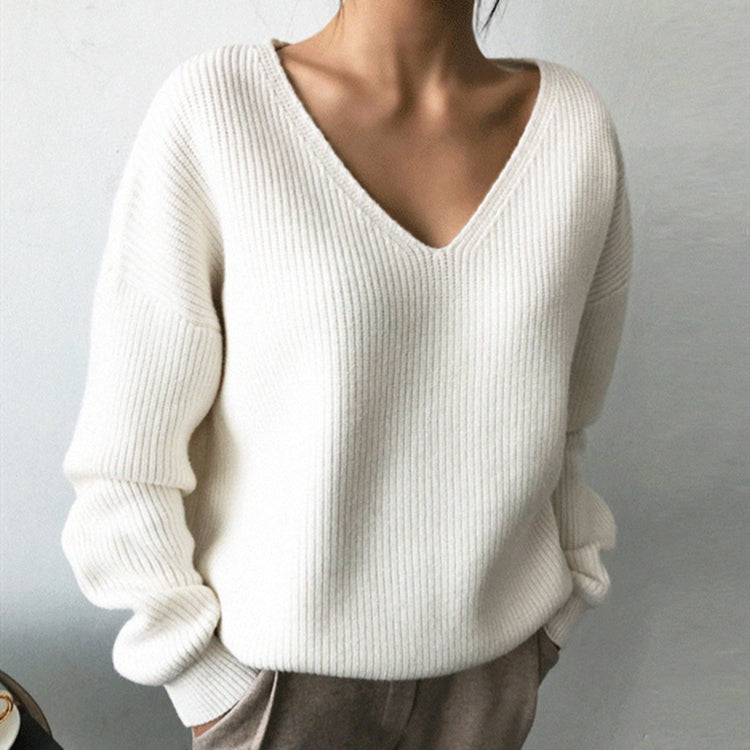 V-Neck Solid Color Knit Sweater