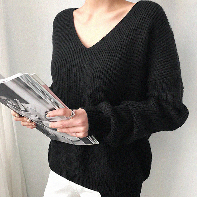 V-Neck Solid Color Knit Sweater