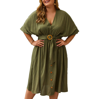 Stylish V-Neck Batwing Midi with Belt