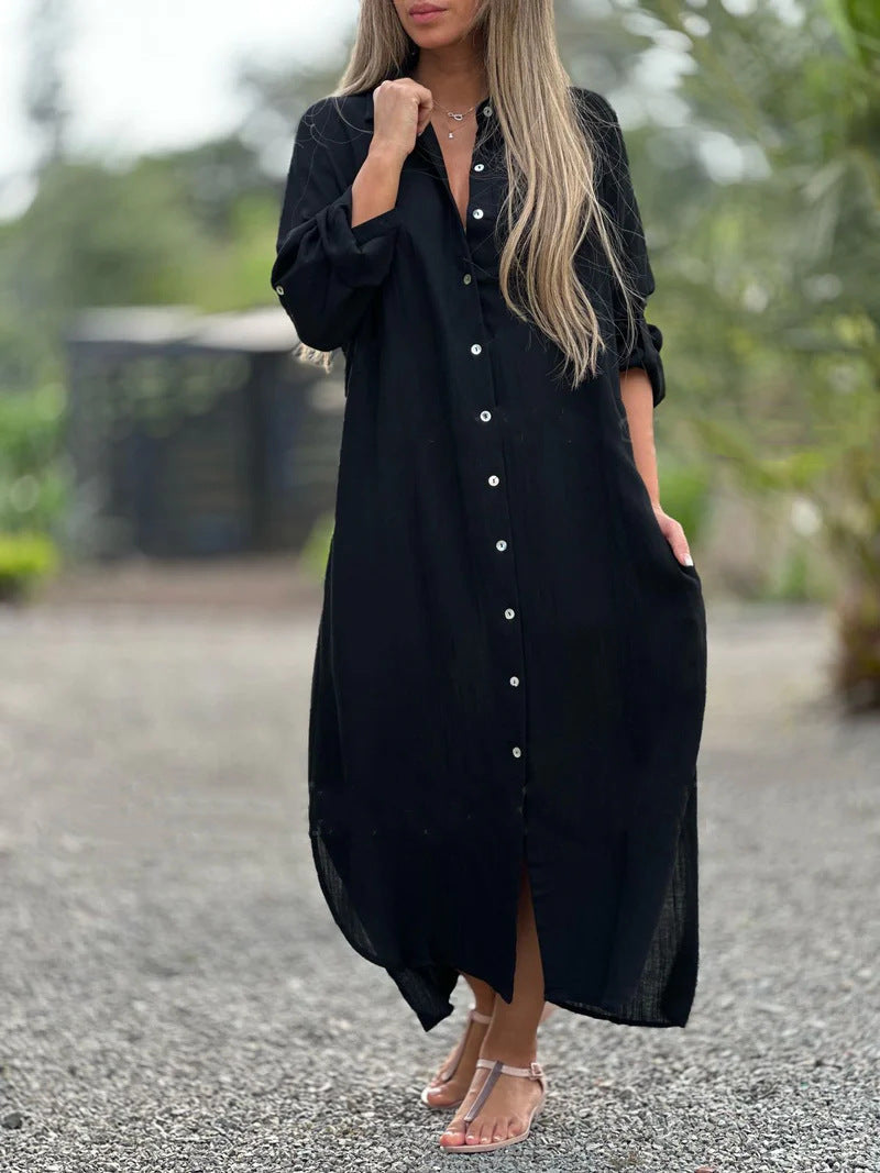 Elegant Cotton-Linen V-Neck Dress