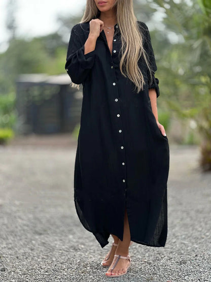 Elegant Cotton-Linen V-Neck Dress