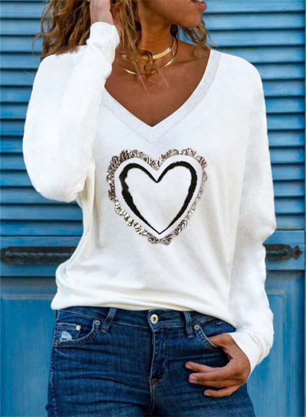 Elegant Heart Print V-Neck T-Shirt