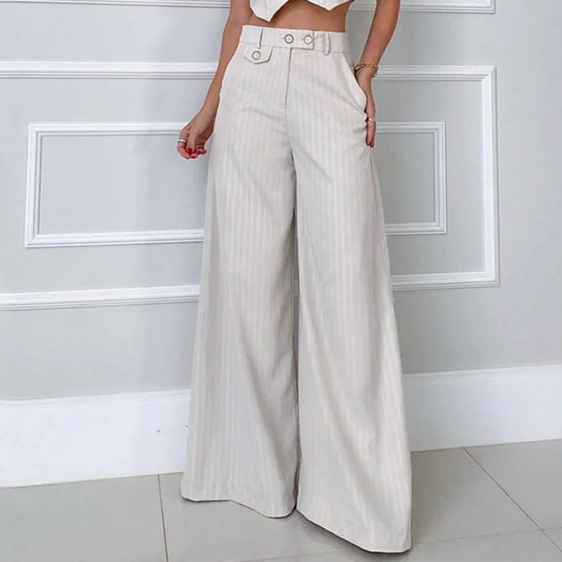 Modern V-Neck Striped High-Waisted Wide-Leg Pants Set