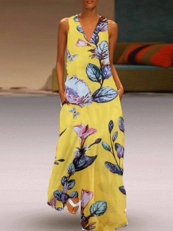Floral Print V-Neck Sleeveless Dress