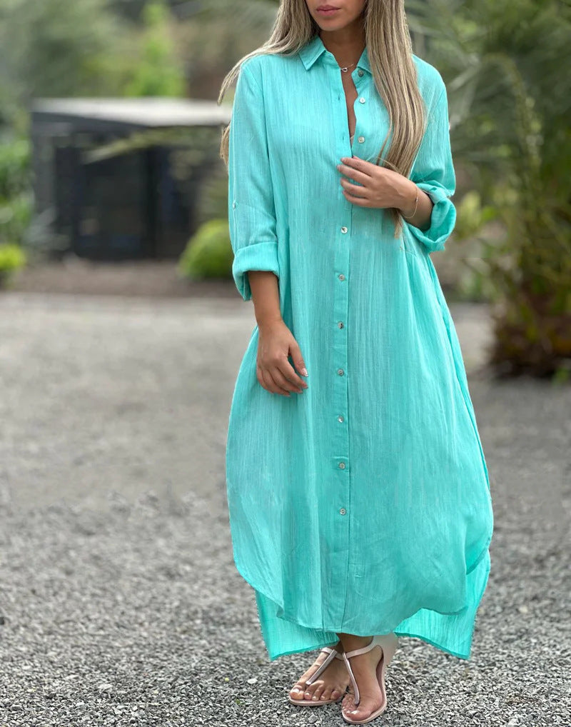 Elegant Cotton-Linen V-Neck Dress