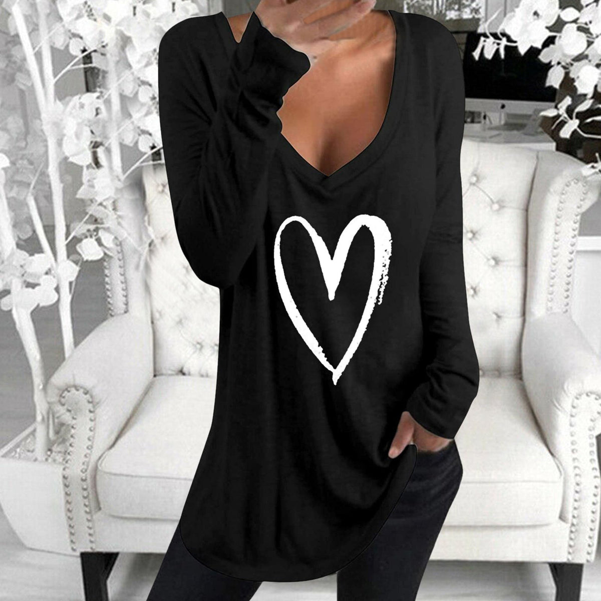Chic Heart V-Neck Long Sleeve Tee