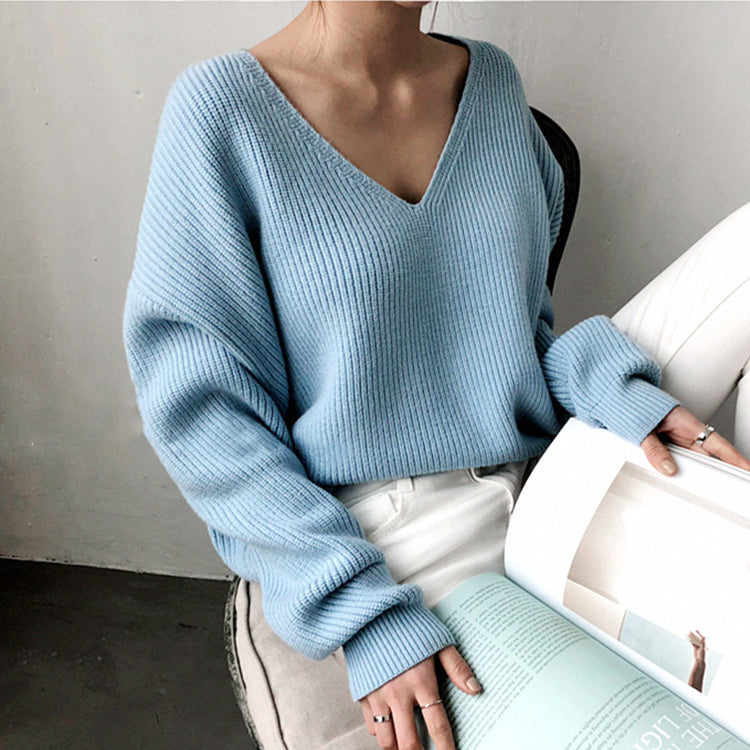V-Neck Solid Color Knit Sweater