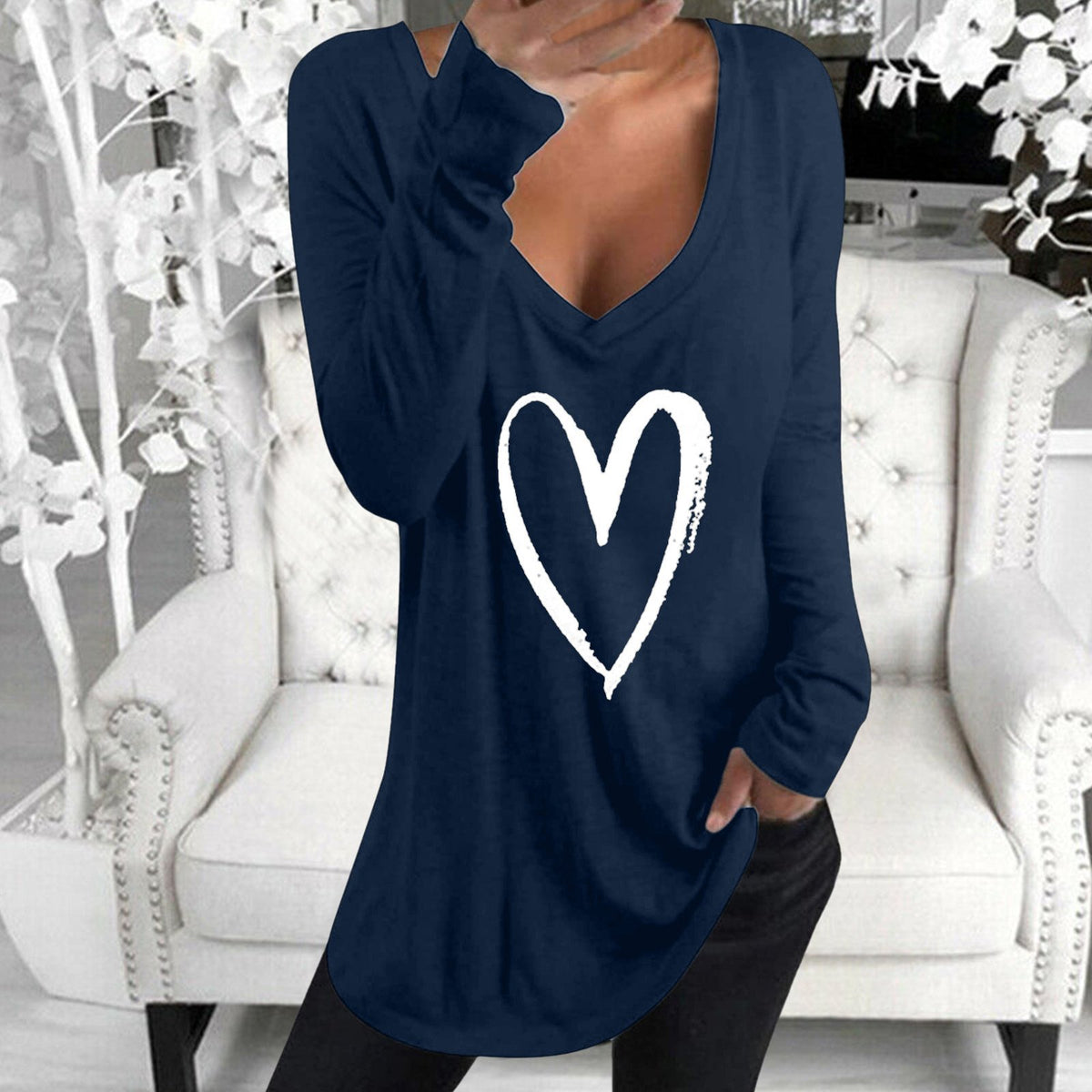 Chic Heart V-Neck Long Sleeve Tee